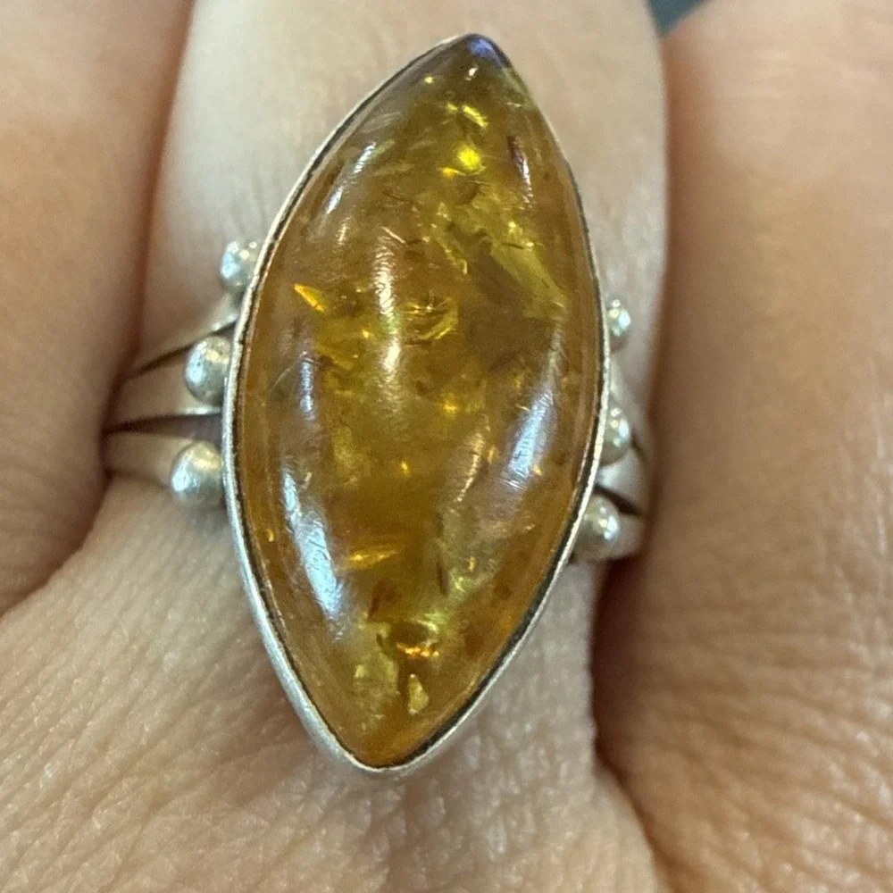 Vintage Navajo Sterling Silver Baltic Amber Ring John Delvin Signed Split Shank